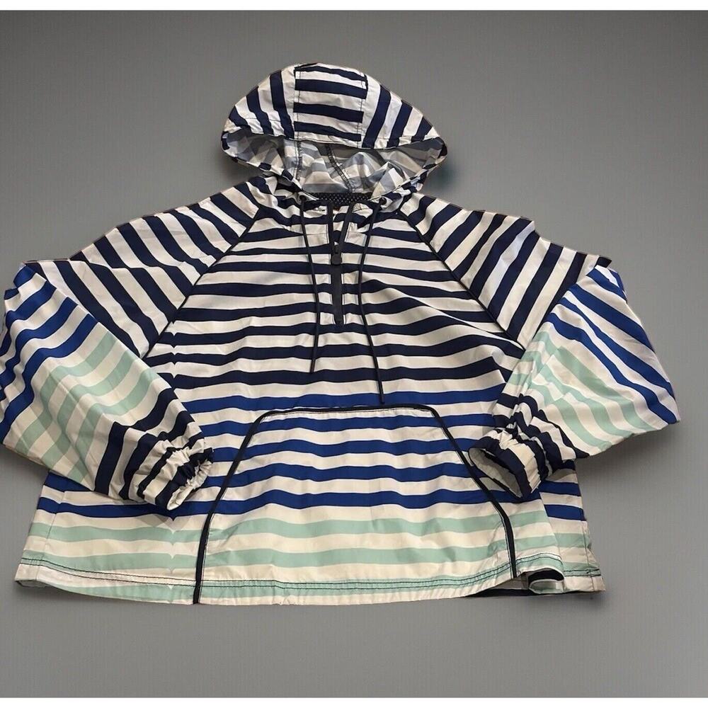 Womens L Hunter Windbreaker Rain‎ Jacket Hooded Quarter Zip Nautical Blue Stripe
